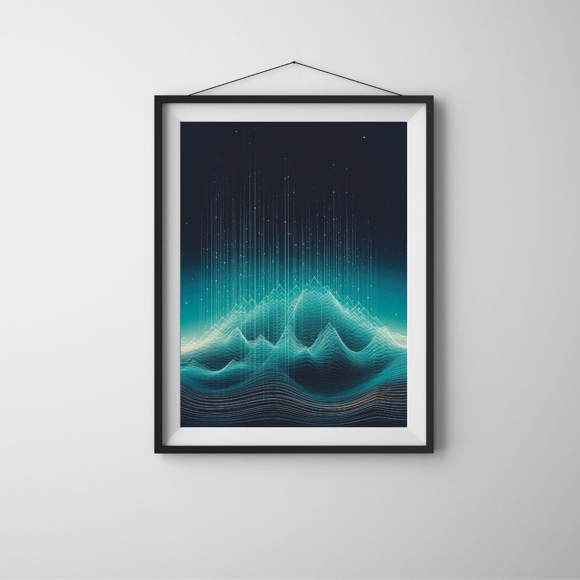 Abstract Ocean Wave Line Art Poster Teal Digital Soundwave Wall Decor