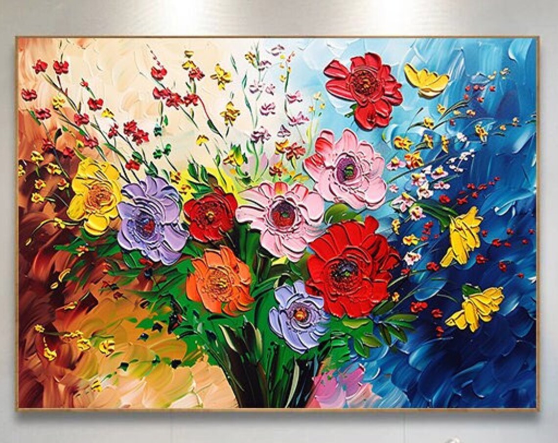 Colorful Mixed Flower Bouquet Impasto Painting on Blue Canvas Poster