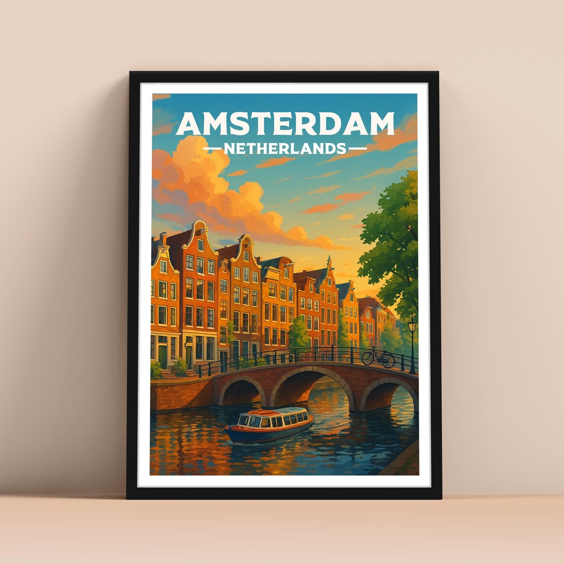 Amsterdam Netherlands Travel Poster Canal Houses Bridge Sunset Scene