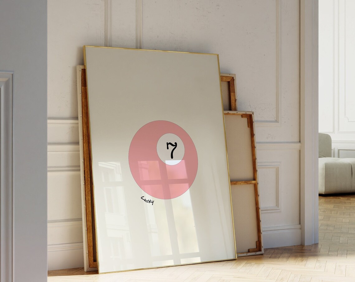 Lucky 7 Pink Pool Ball Minimalist Retro Billiards Game Wall Art