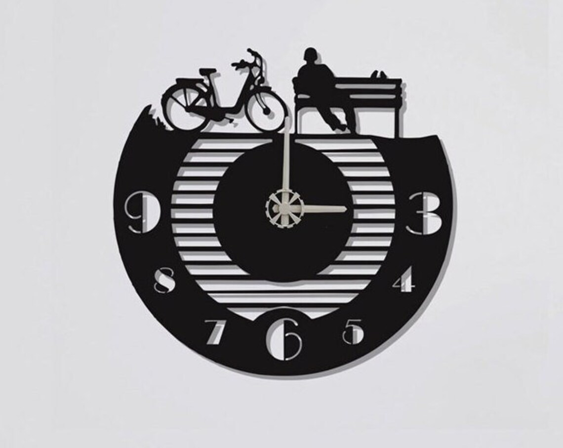 Bicycle Park Bench Relaxing Scene Black Metal Decorative Wall Clock