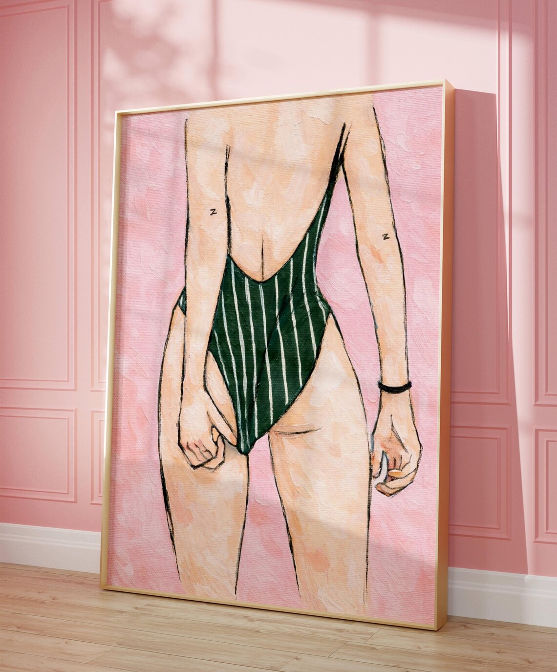 Abstract Woman In Swimsuit Art Print Minimalist Summer Female Figure Pink Green Oil Painting Wall Hand Drawn Textured Poster