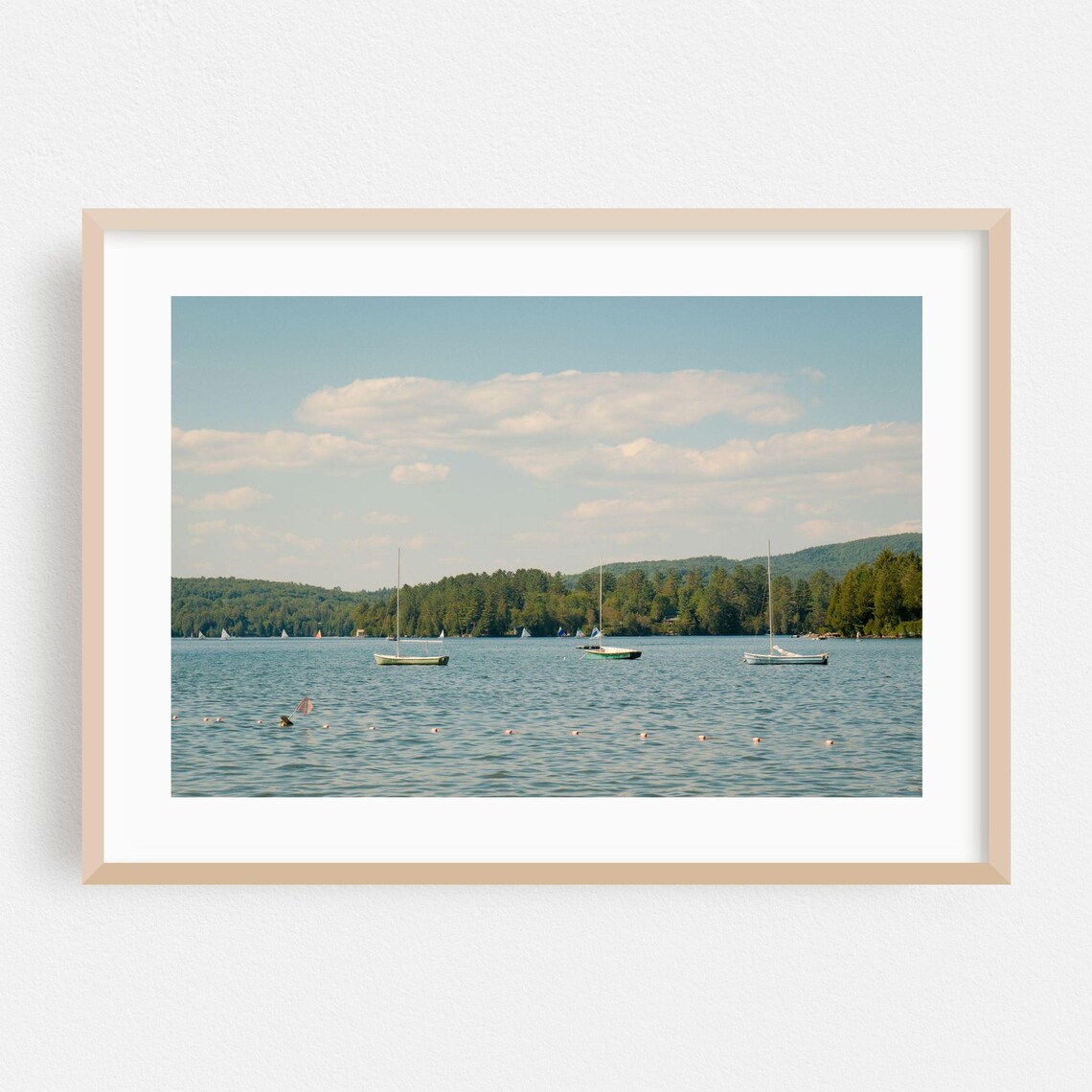 Sailboats on a Peaceful Summer Lake With Forested Hills Art Print