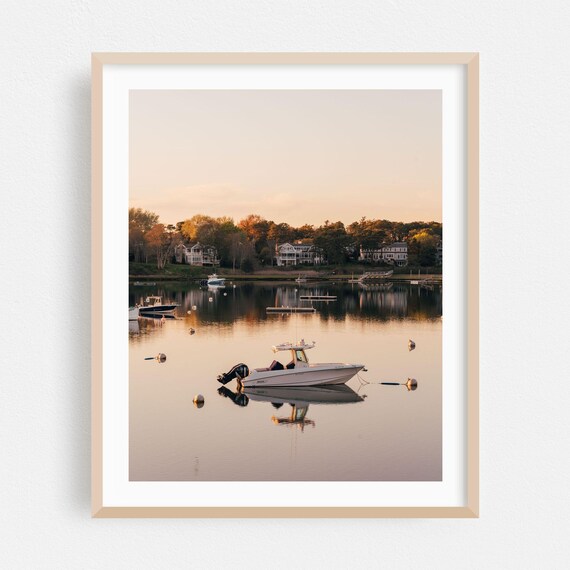 Massachusetts Harbor Sunset Boat on Calm Water Photo Art Poster