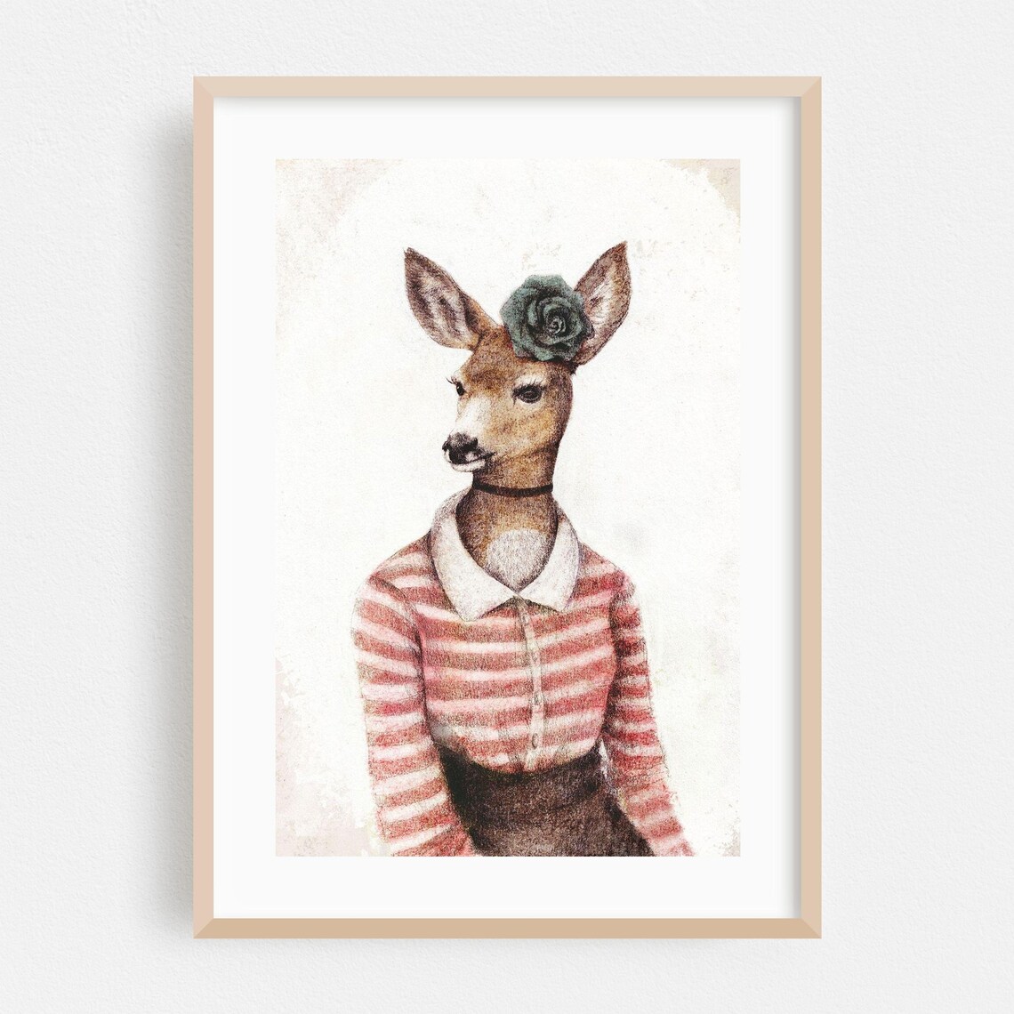 Deer Lady In Striped Blouse With Flower Fashion Whimsy Poster