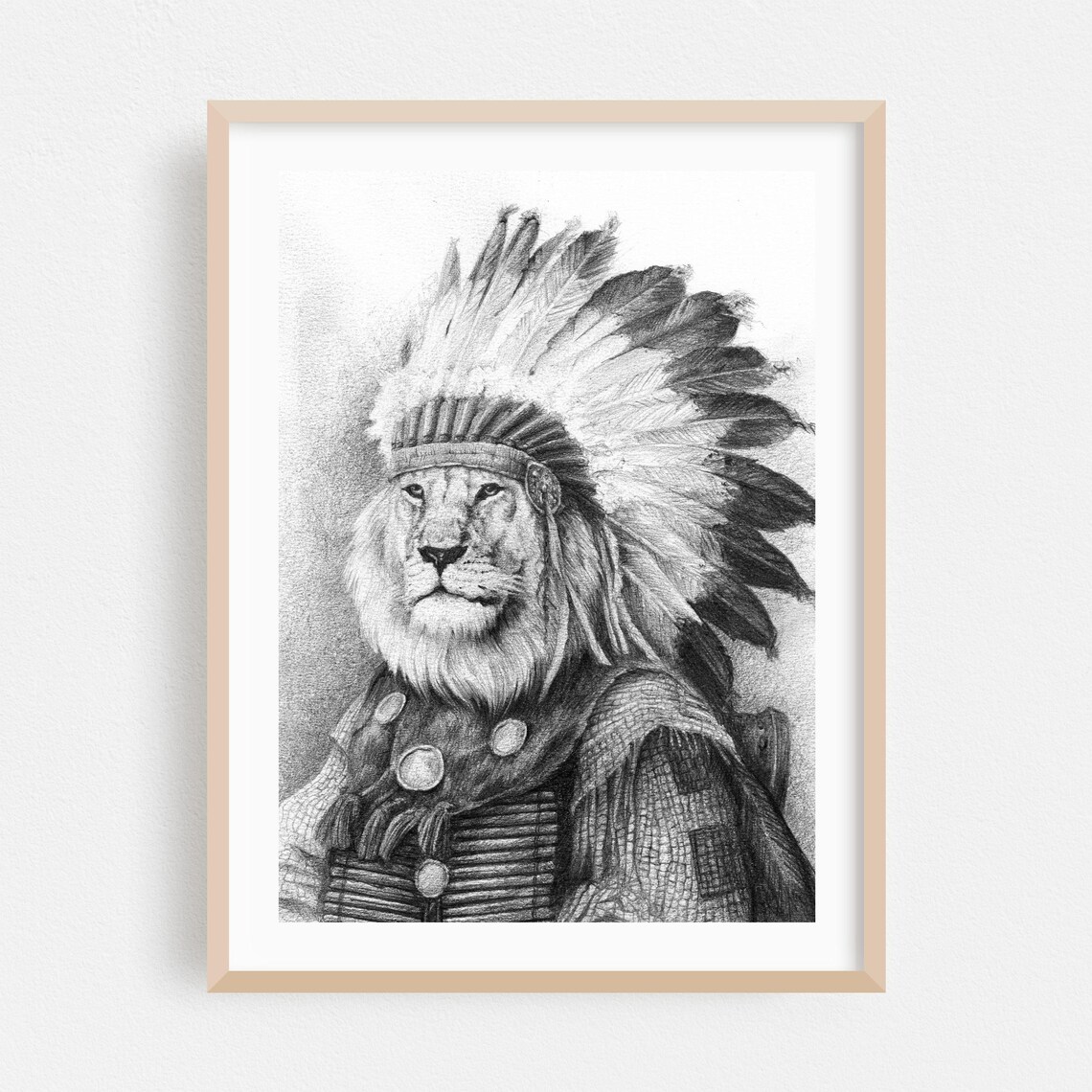 Lion Chief in Feather Headdress Black and White Pencil Drawing Poster