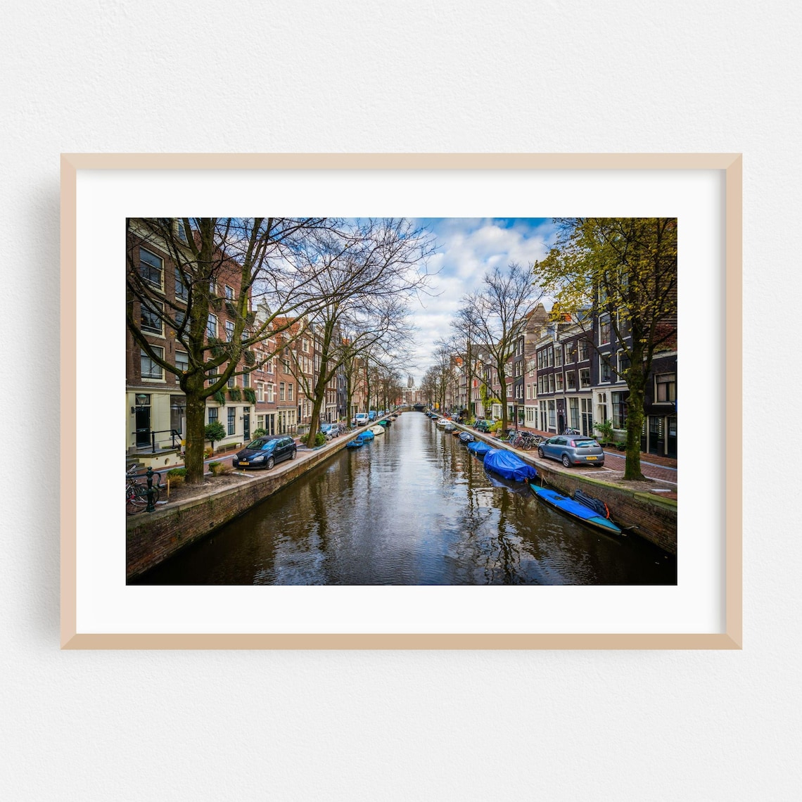 Amsterdam Canal with Houseboats Autumn Cityscape Photography Poster