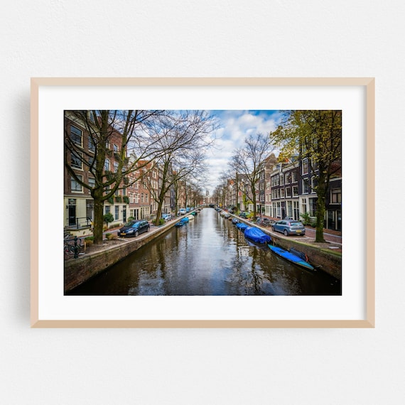 Amsterdam Canal with Houseboats Autumn Cityscape Photography Poster