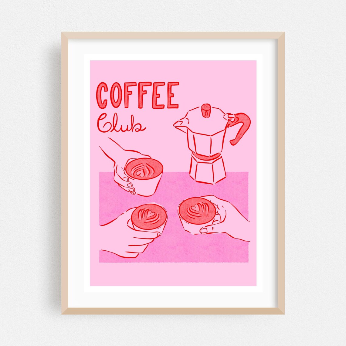 Coffee Club Pink Moka Pot Latte Illustration Fun Kitchen Poster