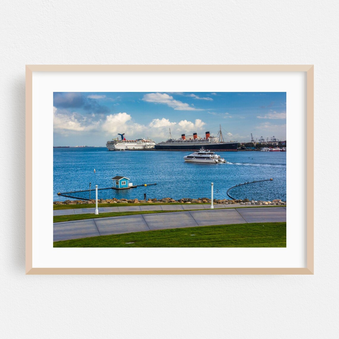Long Beach Harbor Queen Mary Ship Photo Sunny Coastal Wall Art