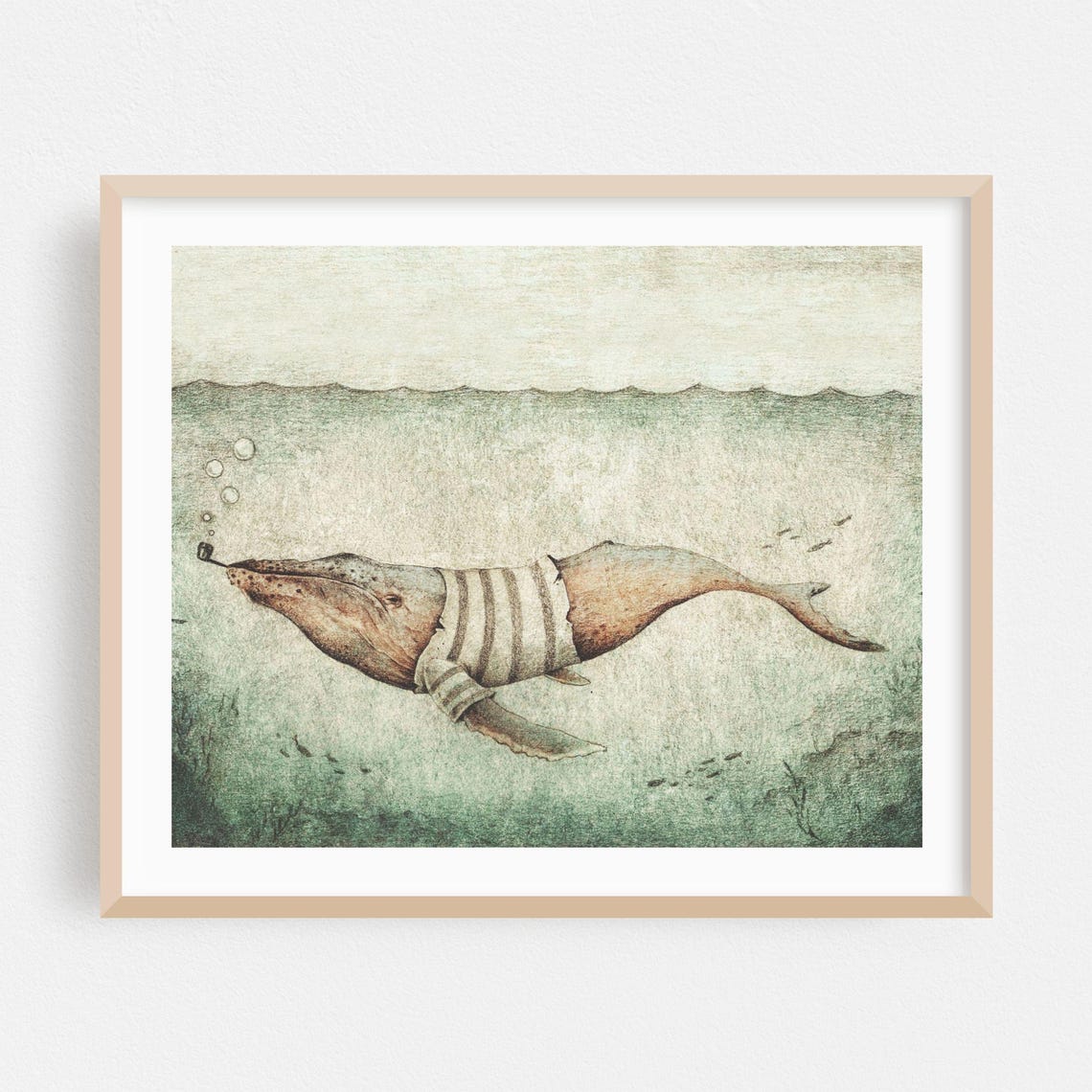 Sailor Whale Smoking A Pipe Underwater Vintage Whimsical Art Poster
