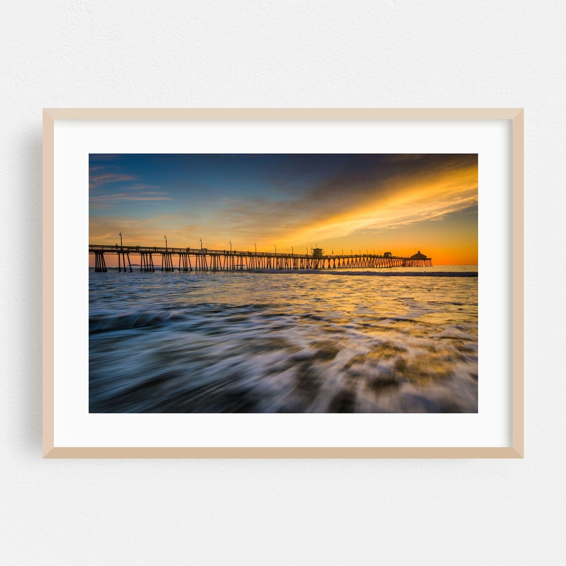 Golden Sunset Over Ocean Pier Long Exposure Coastal Photography Print