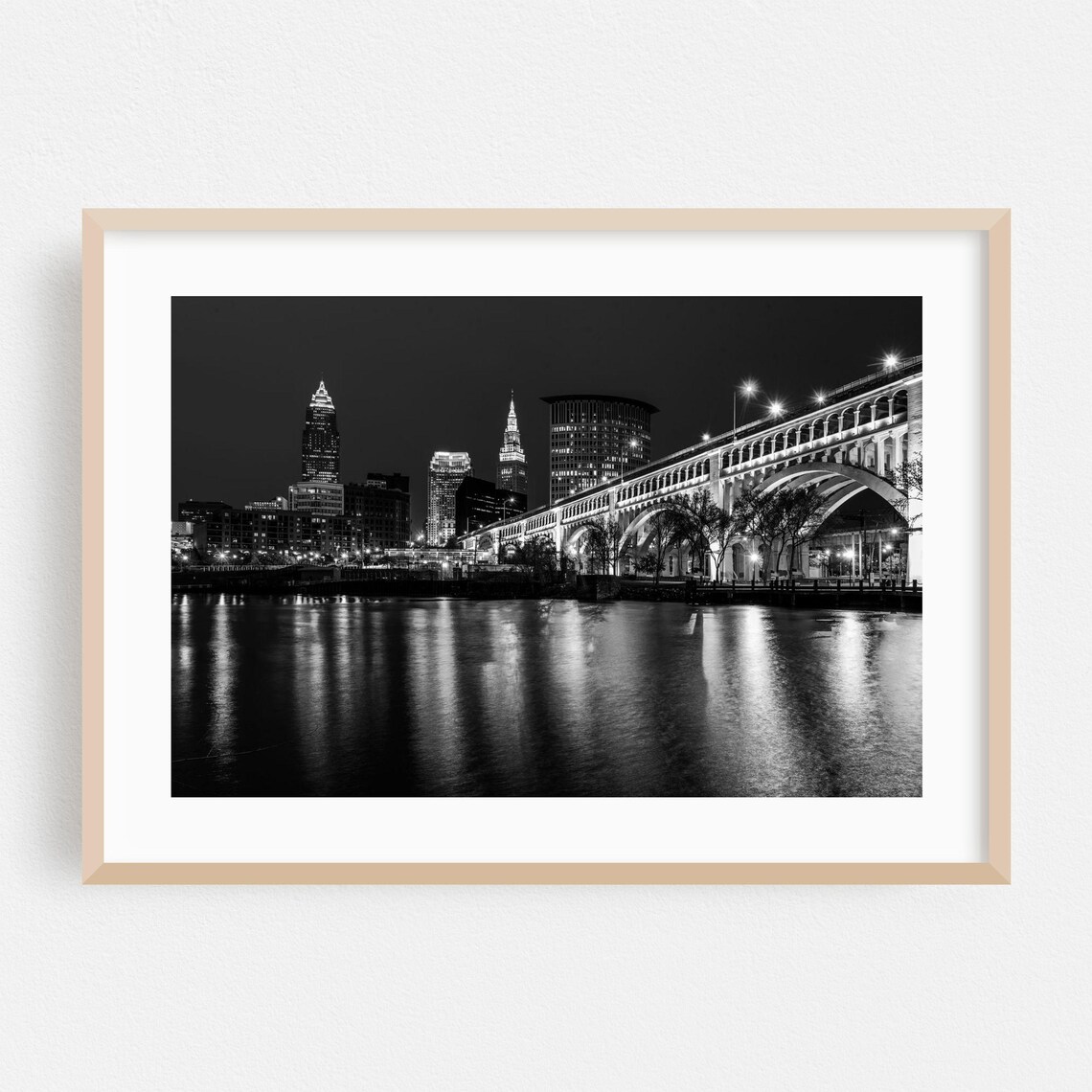 Cleveland City Skyline Travel Poster, Black and White