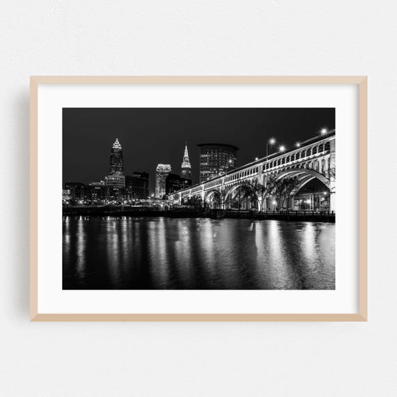 Cleveland City Skyline Travel Poster, Black and White