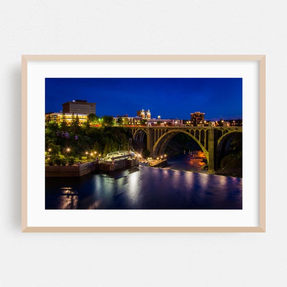 Spokane Print Washington Wall Art Bridge Framed Night Sky Home Decor City Poster Nightlife Fine Waterfall Architecture
