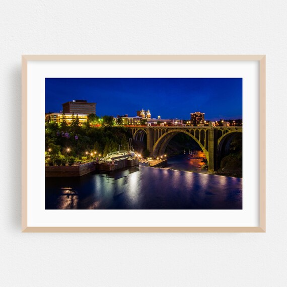 Spokane Washington Night Skyline Bridge River Cityscape Poster