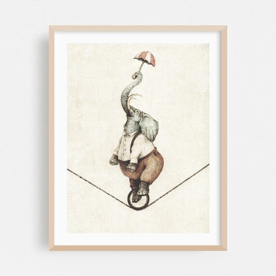 Elephant Riding a Unicycle on a Tightrope Whimsical Circus Poster