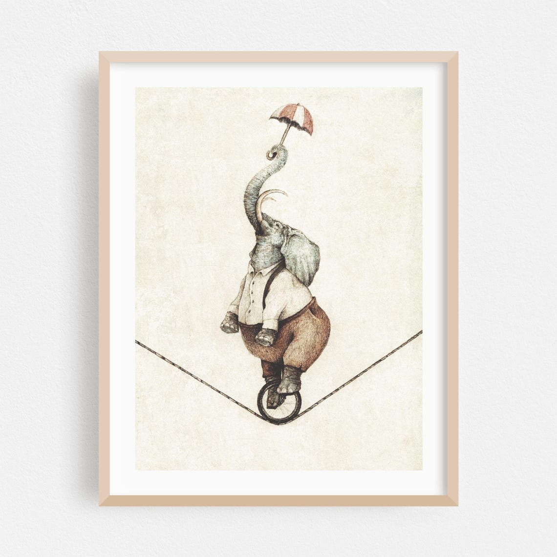 Elephant Riding a Unicycle on a Tightrope Whimsical Circus Poster
