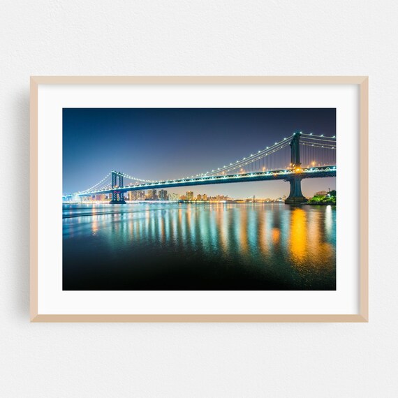 Brooklyn Bridge Night Lights East River Manhattan Skyline Photo Poster