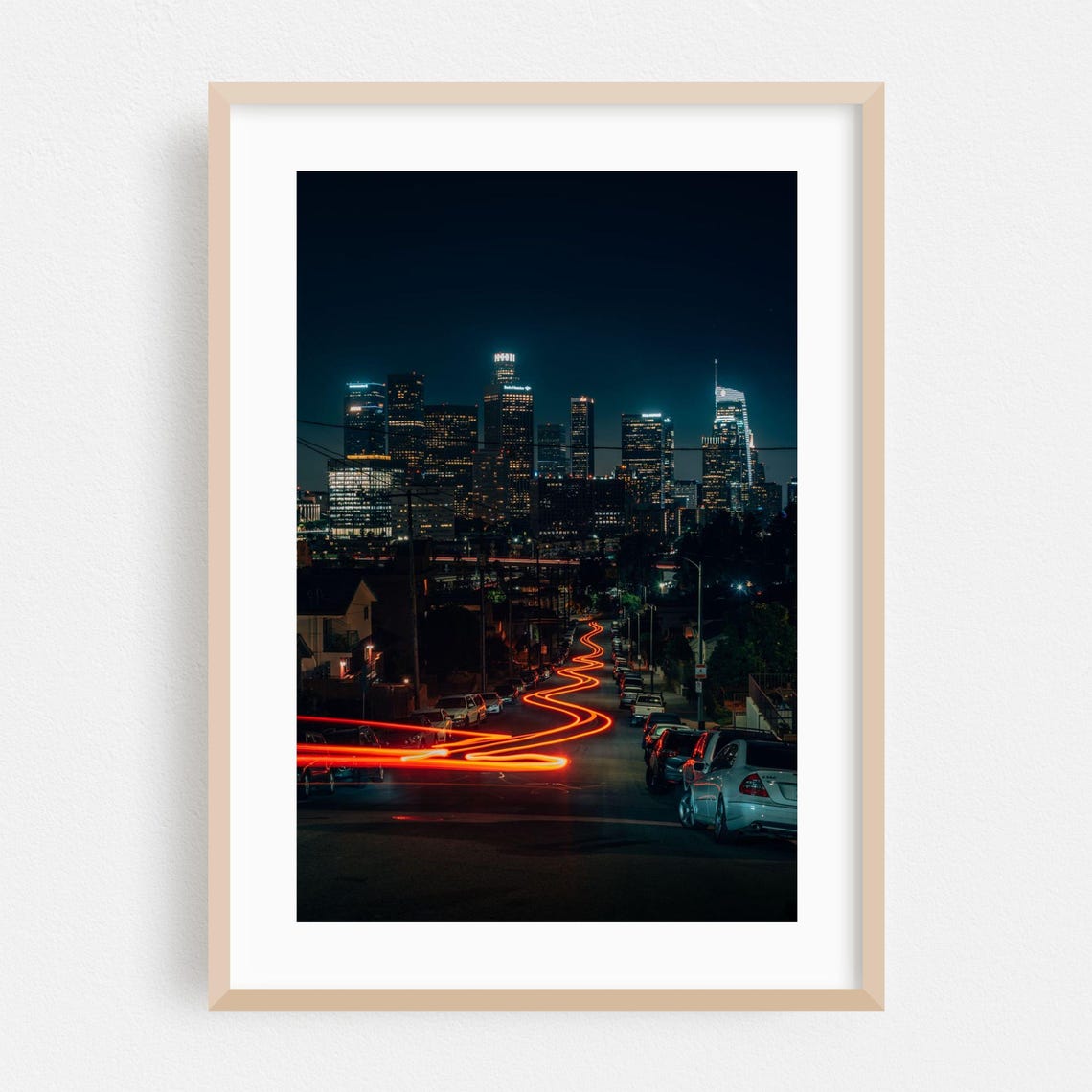 Downtown Los Angeles Night Cityscape Car Light Trails Poster