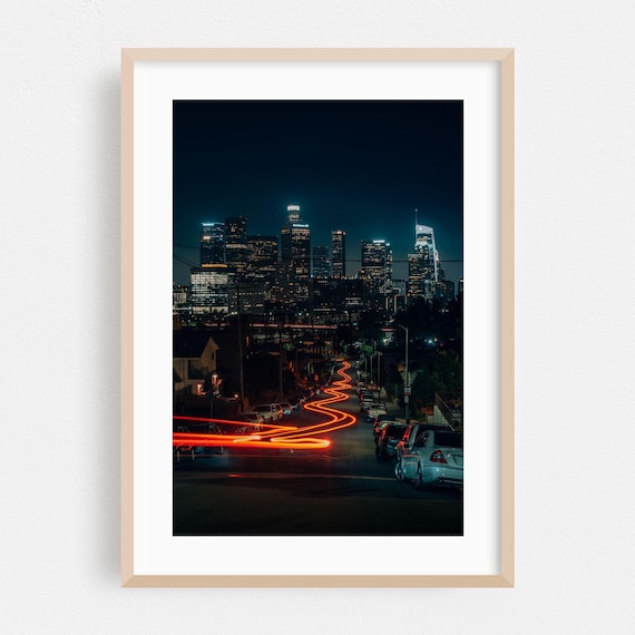 Downtown Los Angeles Night Cityscape Car Light Trails Poster