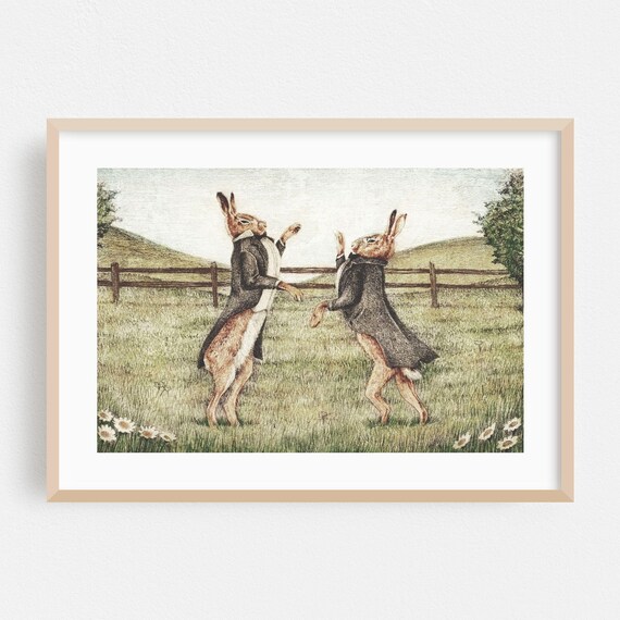Gentlemen Hares in Tailcoats Boxing Scene Vintage Humor Poster