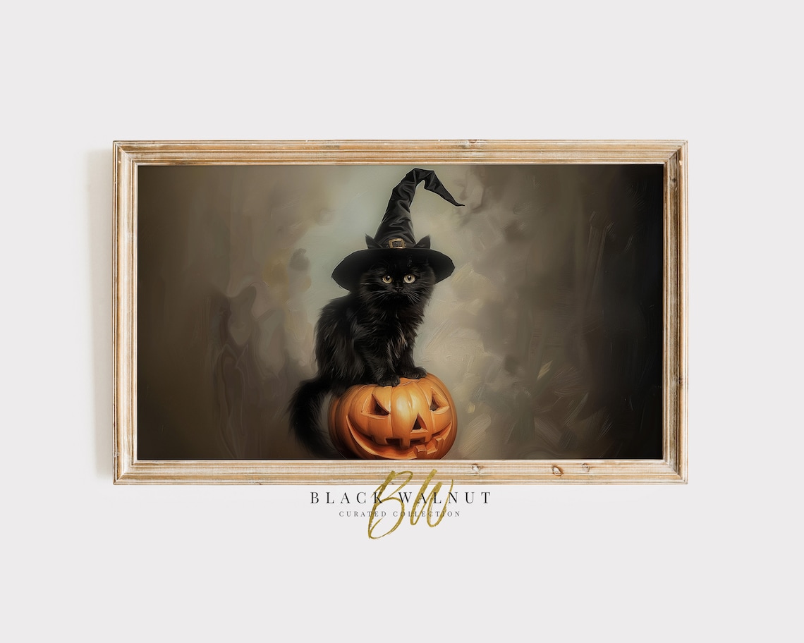 Halloween Black Cat With Witch's Hat Art Print