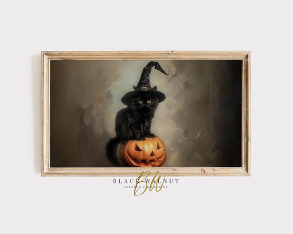 Halloween Black Cat With Witch's Hat Art Print