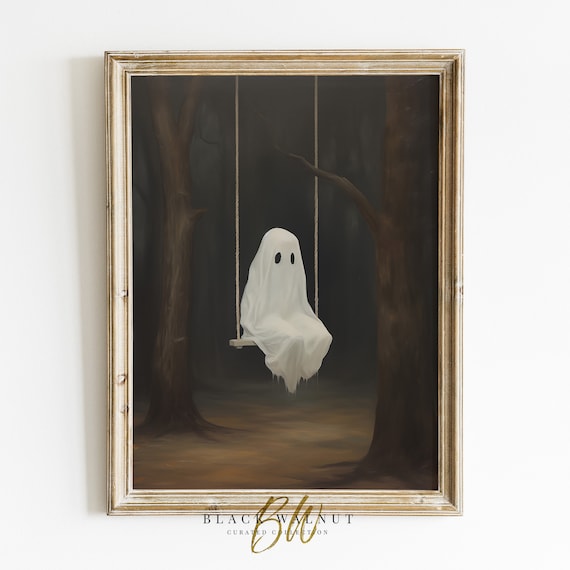 Sad Cute Ghost on Swing Dark Woods Spooky Vintage Halloween Wall Art Poster