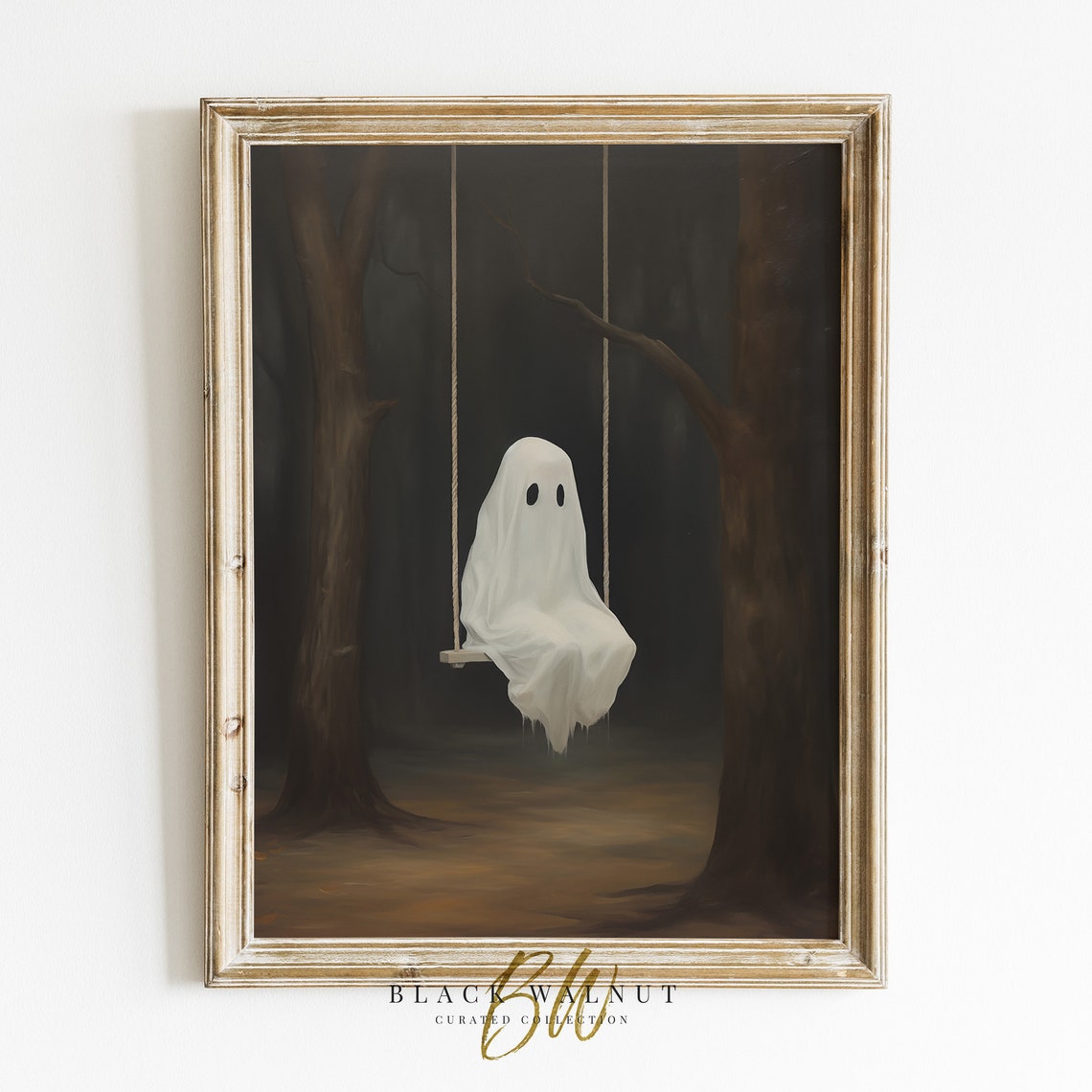Halloween Art Print Sad Cute Ghost On Swing Wall Art Halloween Decor Spooky Art Print Rustic Country Fall Art