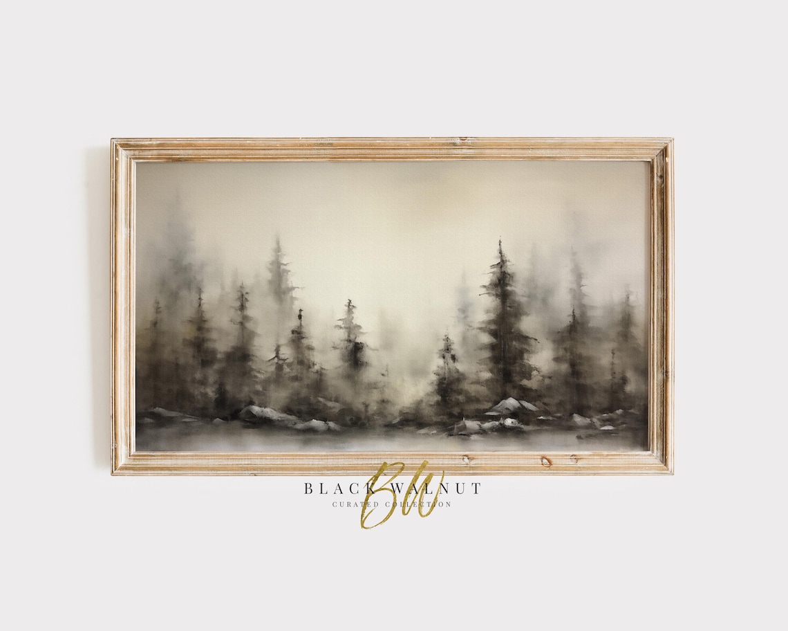 Misty Evergreen Forest Painting Foggy Pine Trees Neutral Winter Poster