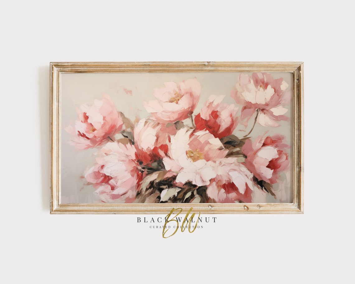 Blush Pink Peonies Bouquet Soft Floral Oil Painting Spring Wall Art