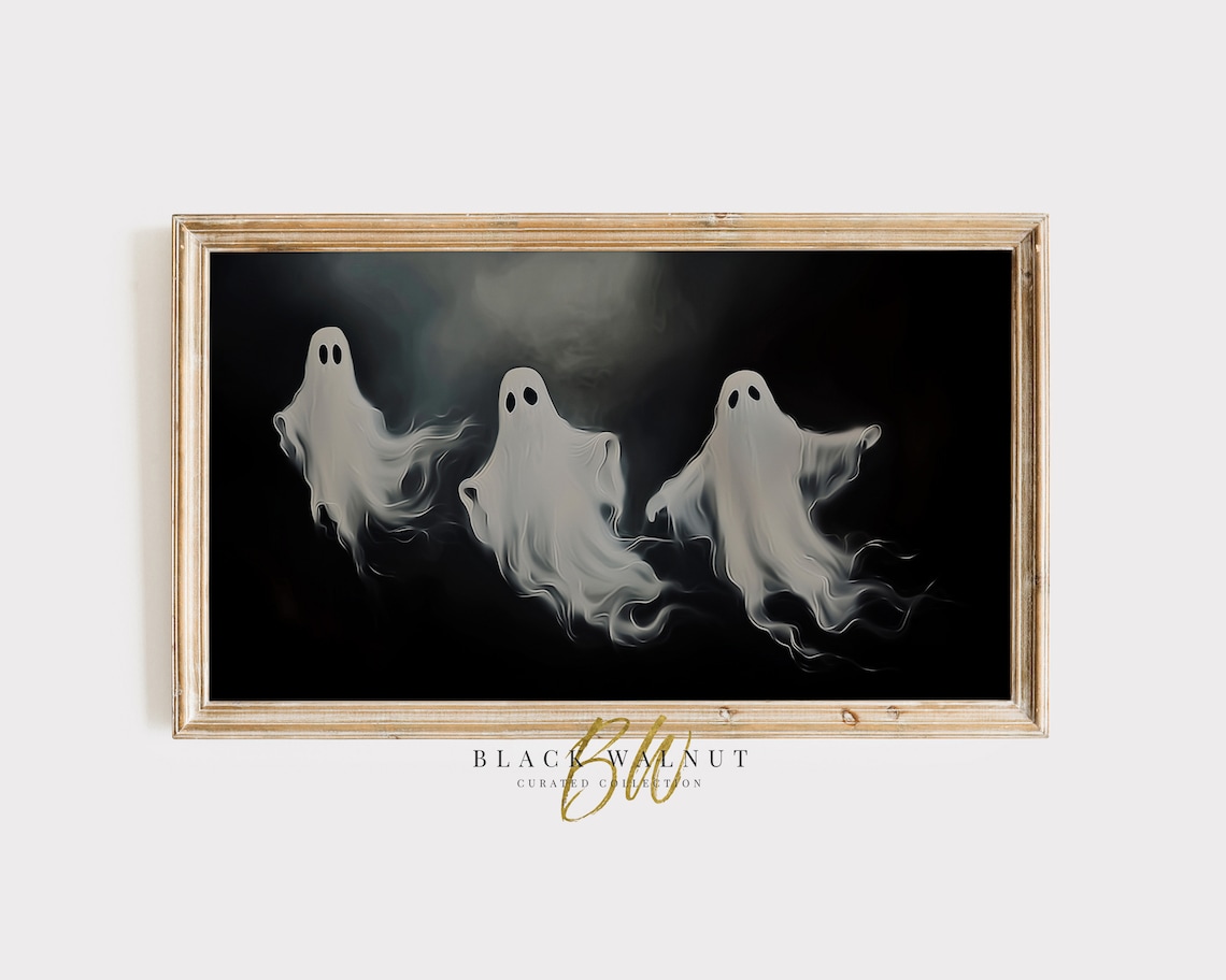 Three Dancing Ghosts Black Background Spooky Cute Halloween Wall Art Poster