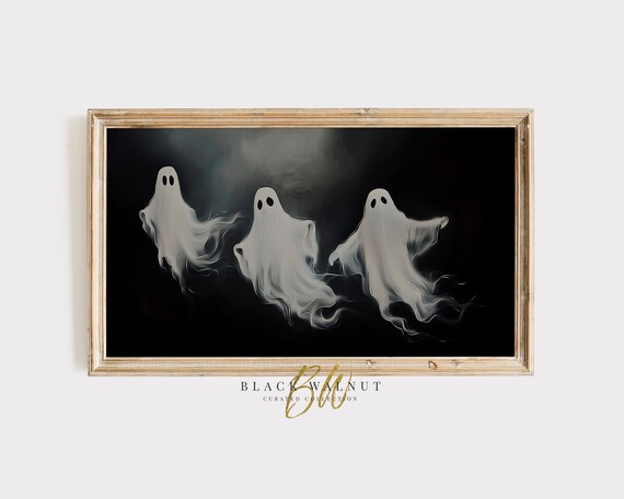 Three Dancing Ghosts Black Background Spooky Cute Halloween Wall Art Poster
