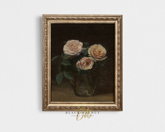 Moody Floral Print Antique Oil Painting Vintage Still Life French Country Vintage Art Print Antique Botanical Kitchen Shelf Art