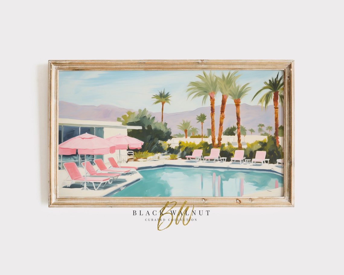 Retro Palm Springs Pool Party Pink Umbrellas Palm Trees Summer Poster