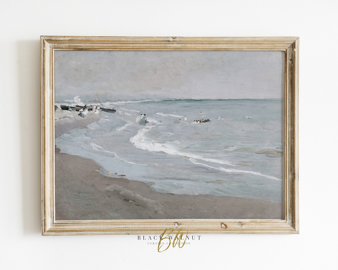 Muted Beach Seascape Swimmers Vintage Coastal Painting Ocean Poster