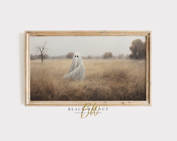 Lone Ghost in Golden Wheat Field Neutral Vintage Halloween Art Poster