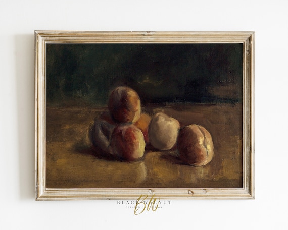 Fruit Still Life Oil Painting Moody Vintage Painting Horizontal Print Peaches Antique Painting Moody Wall Art Kitchen Shelf Print