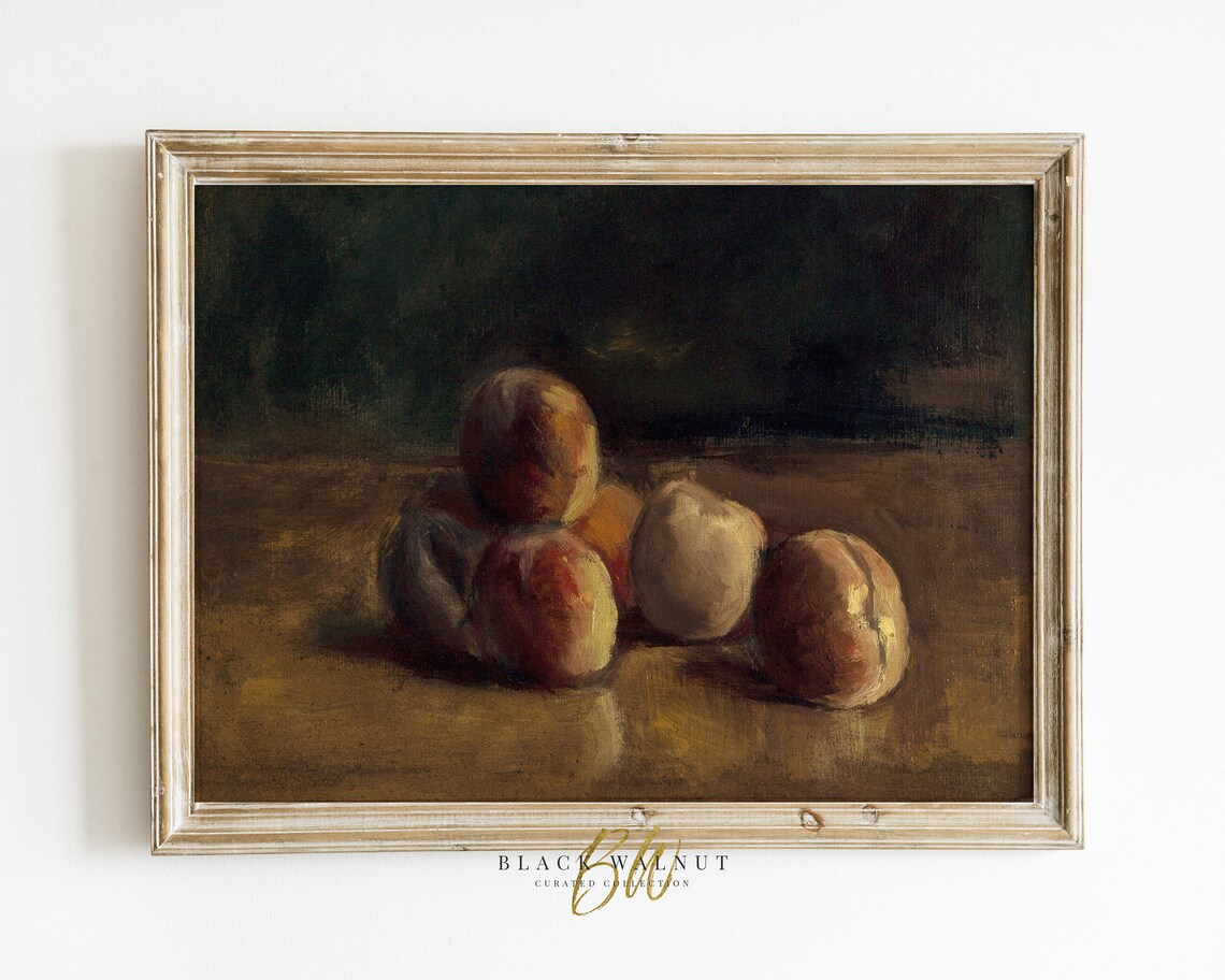Moody Peach Still Life Dark Vintage Oil Painting Antique Kitchen Poster