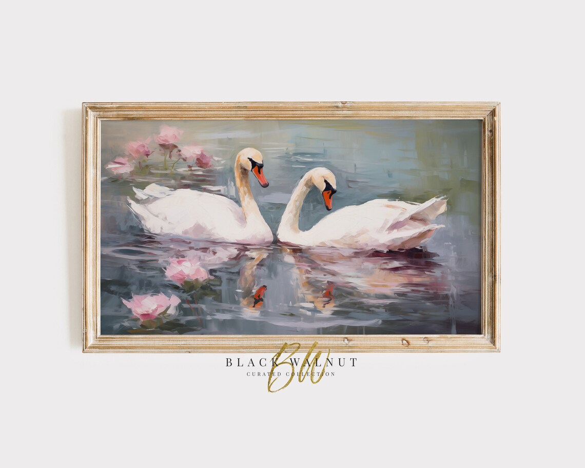 Two White Swans Pond Pink Water Lilies Vintage Wildlife Art Poster