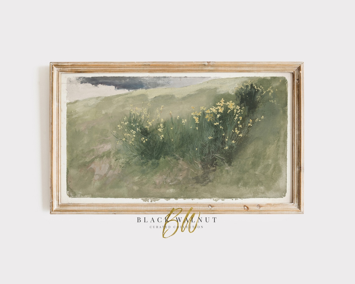 Sage Green Hillside Yellow Wildflowers Vintage Meadow Painting Poster
