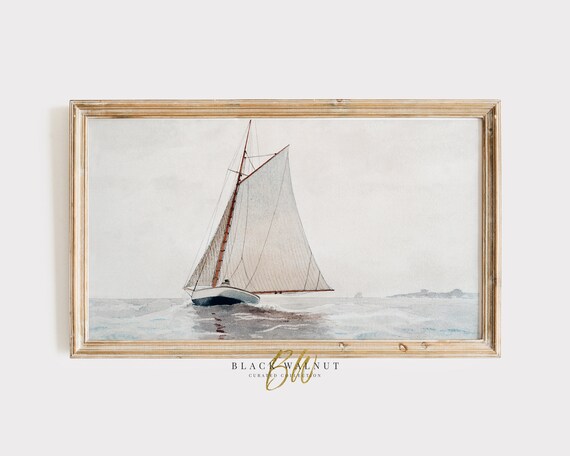 Single Sailboat Full White Sails Calm Water Delicate Nautical Watercolor Print