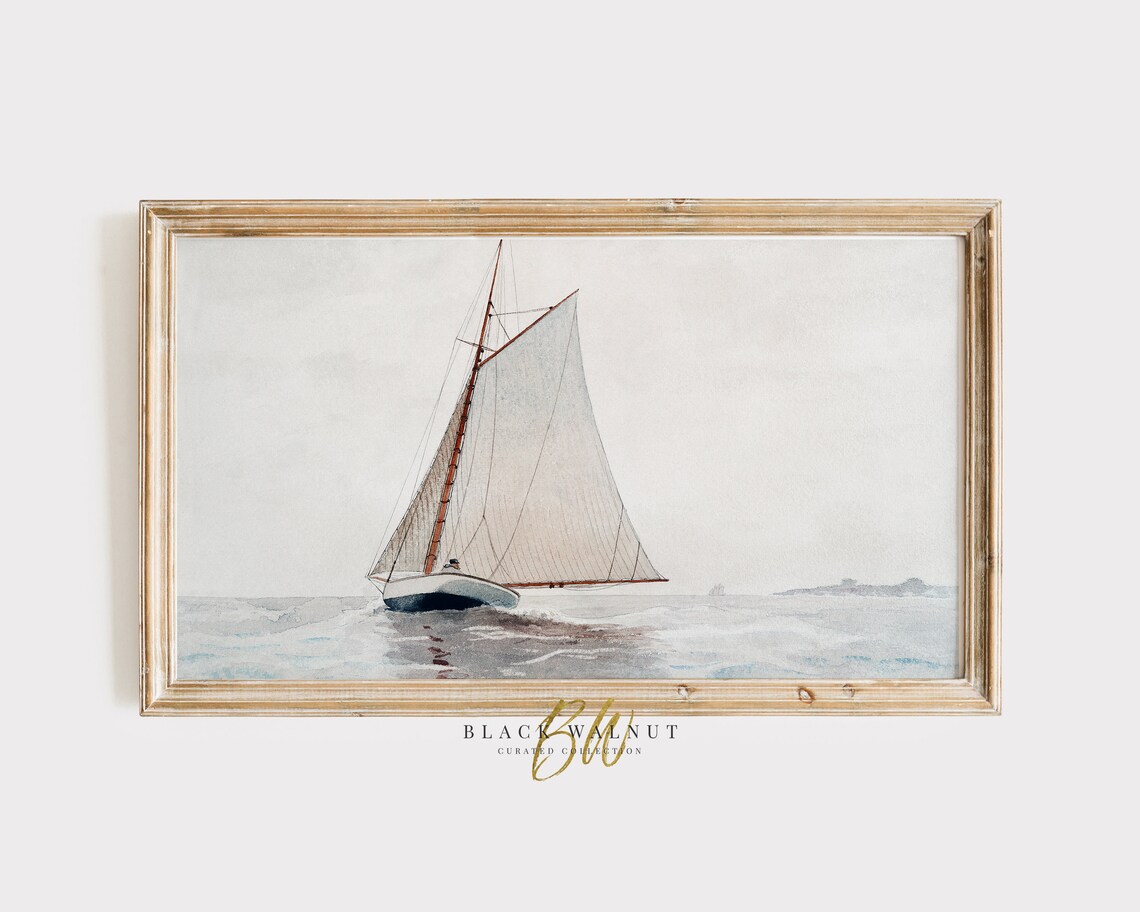 Single Sailboat Full White Sails Calm Water Delicate Nautical Watercolor Print