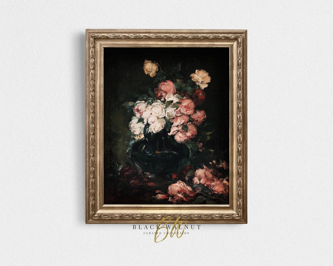 Vintage Flower Still Life Painting French Country Decor Moody Flower Bouquet Wall Art Antique Flower Print Oil Painting