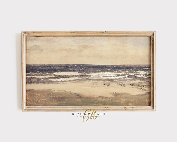 Vintage Seascape Dark Ocean Waves Sandy Beach Antique Coastal Travel Poster
