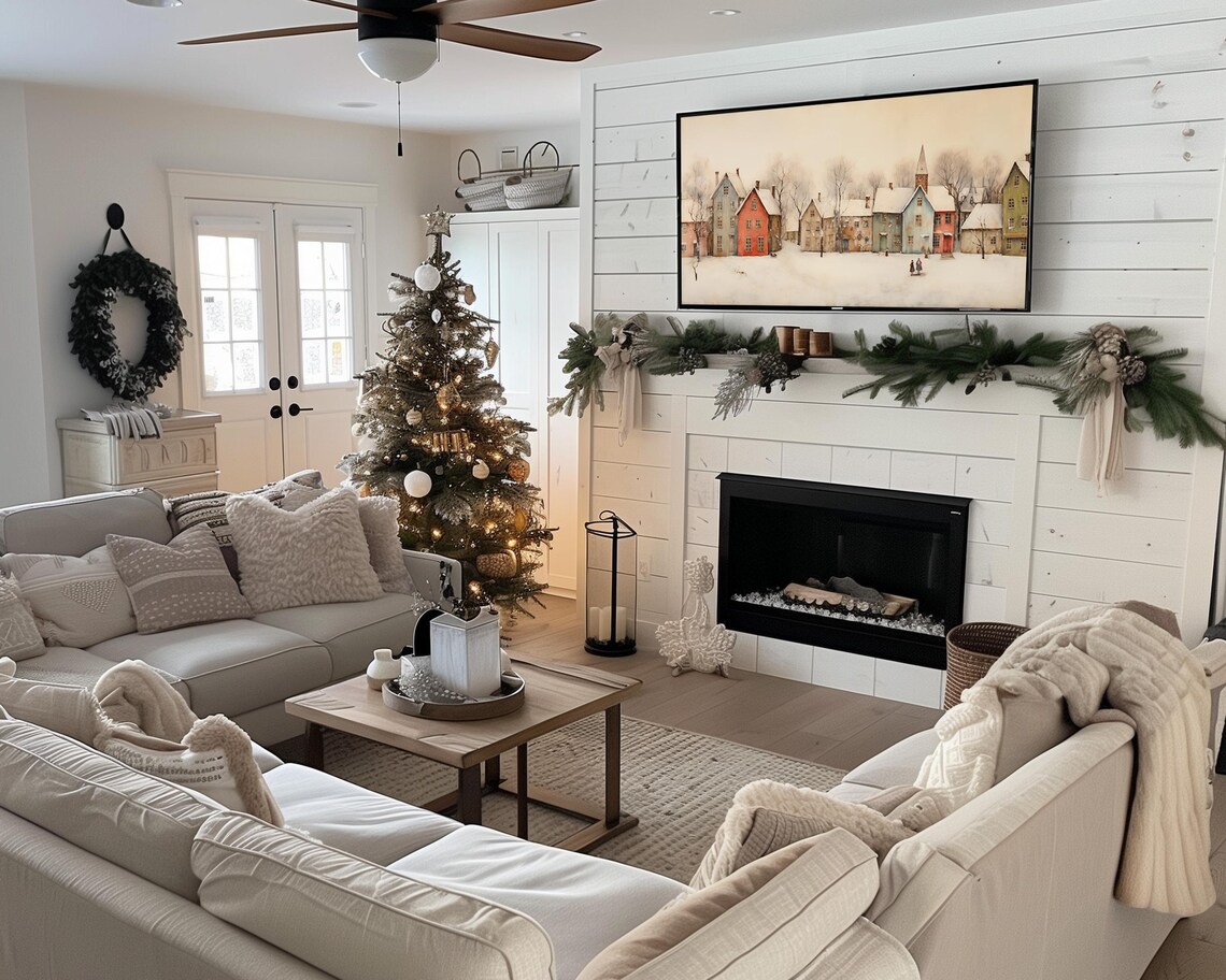 Pastel Winter Village Snowy Houses Christmas Town Holiday Wall Poster - Image 2