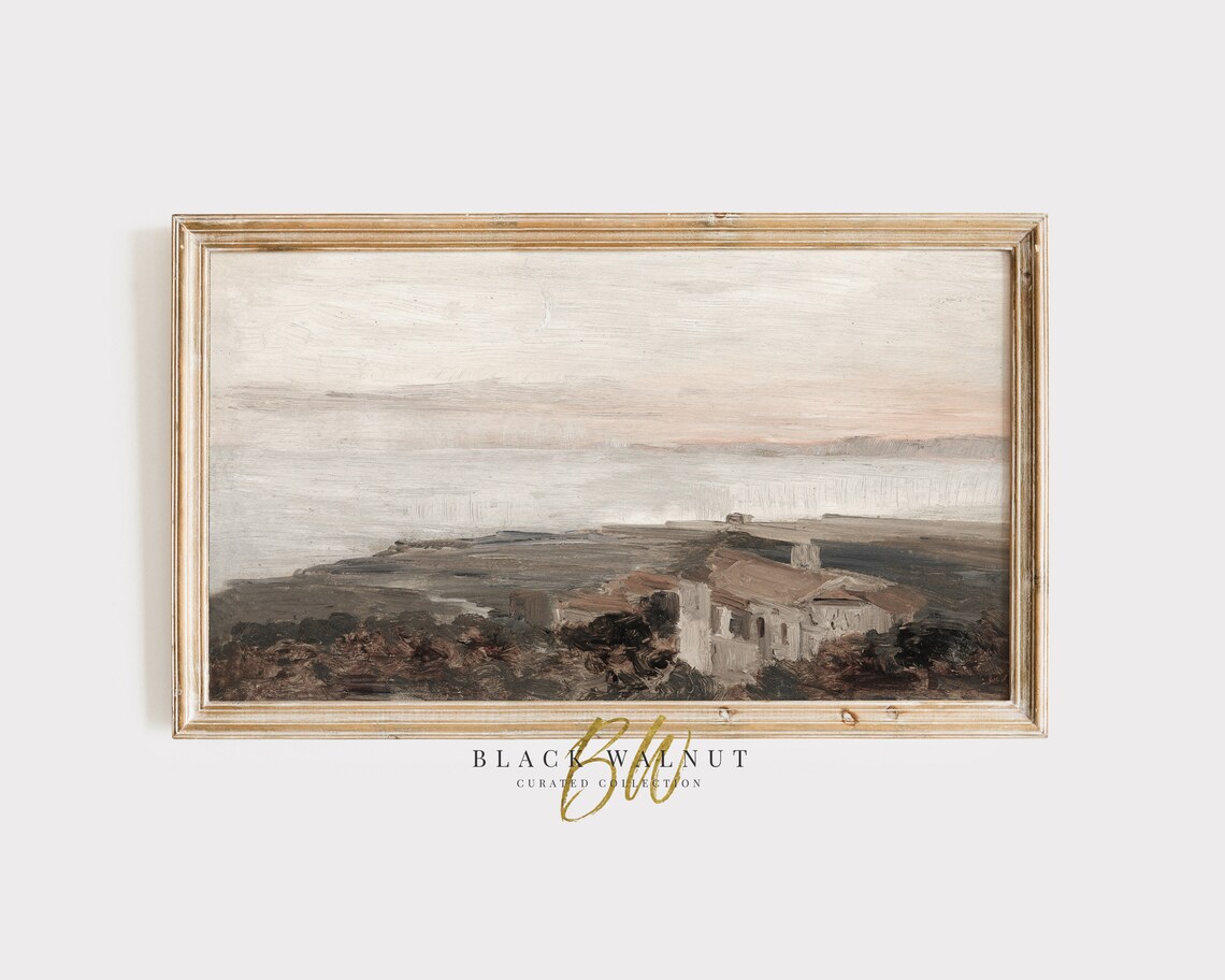 Whitewashed Coastal Village on Hilltop Muted Seaside Oil Painting Poster