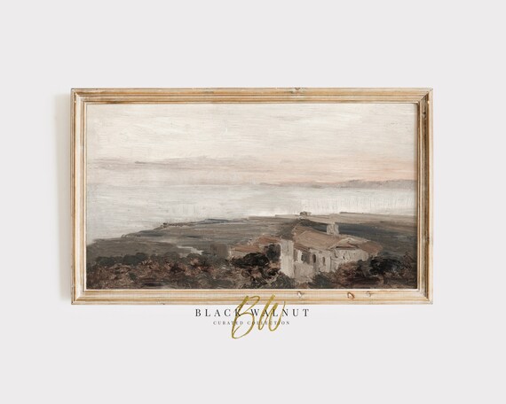 Whitewashed Coastal Village on Hilltop Muted Seaside Oil Painting Poster