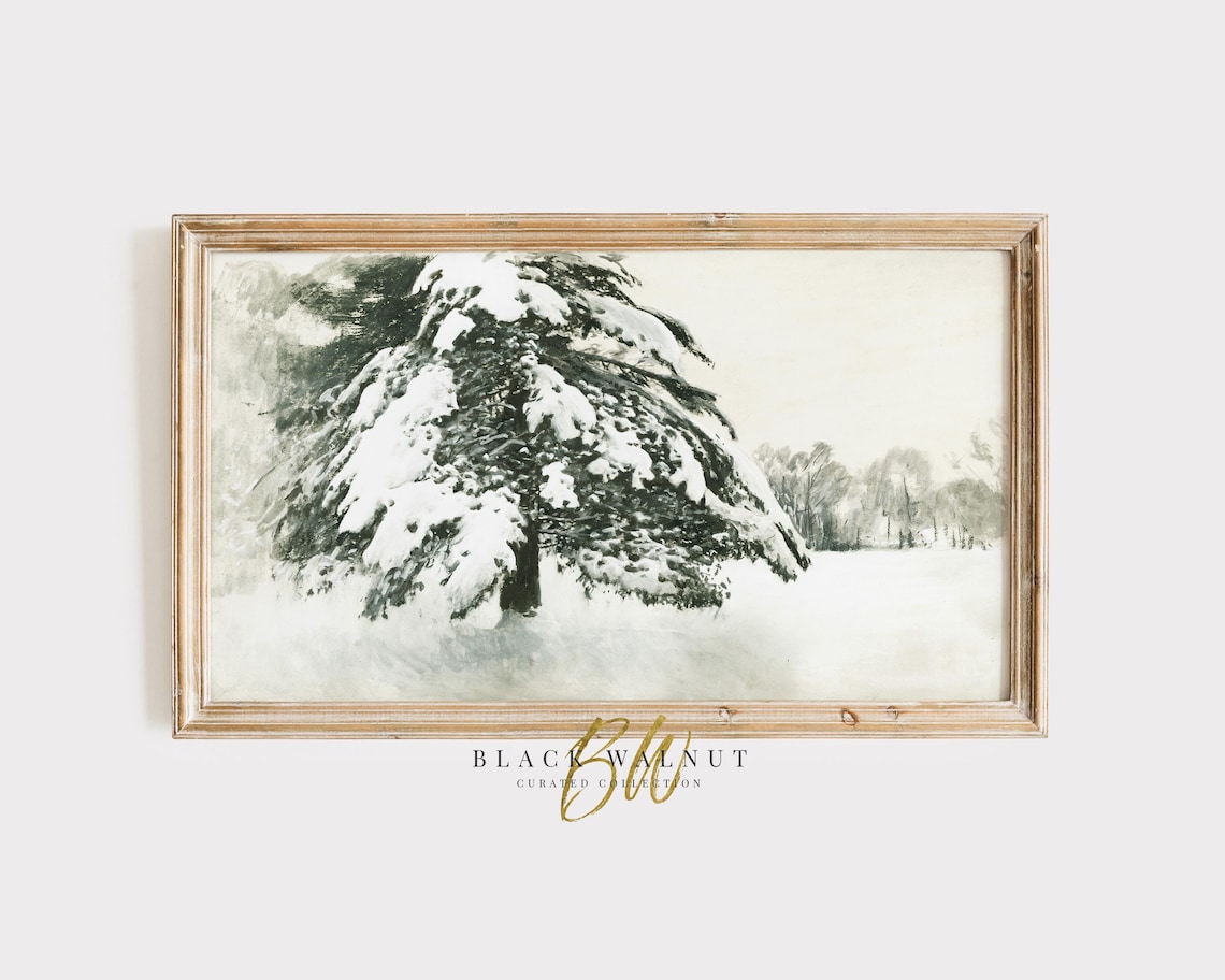 Snow Covered Pine Tree Painting Vintage Winter Landscape Serene Poster